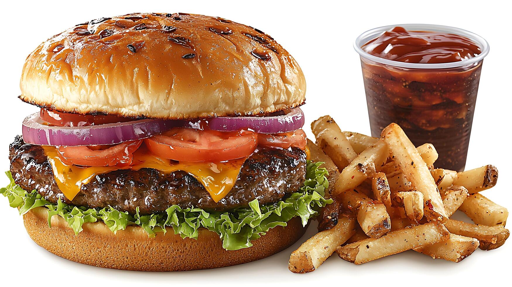 Juicy Cheeseburger Meal with French Fries and Soda. A mouthwatering close up of a classic American cheeseburger served with crispy fries and a refreshing soda. photo