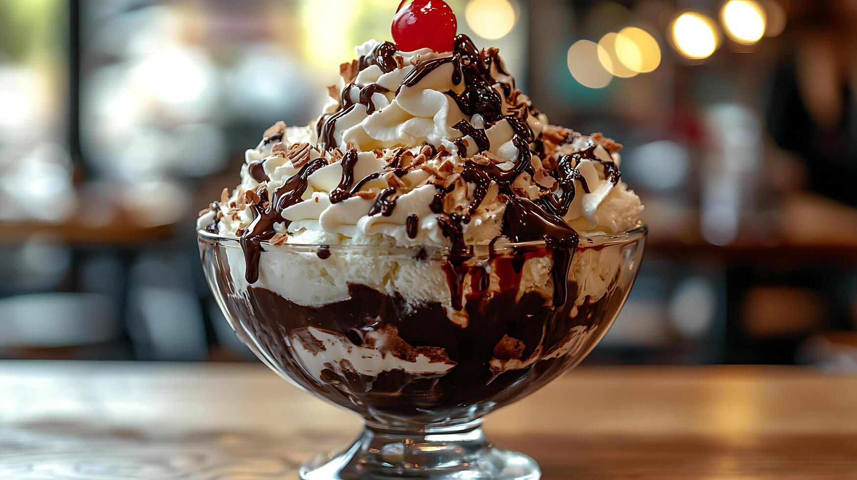Decadent Chocolate Sundae with Whipped Cream and Cherry Garnish in a Glass Bowl. photo