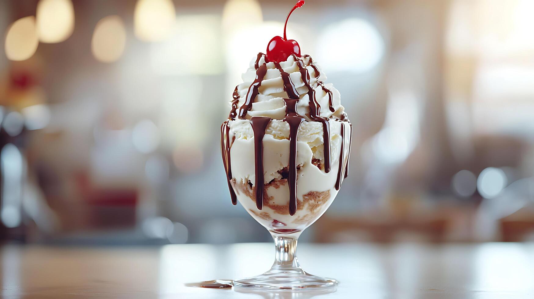 Delicious Ice Cream Sundae with Chocolate Sauce and Cherry. A tempting dessert in a glass, perfect for menus or food blogs. photo