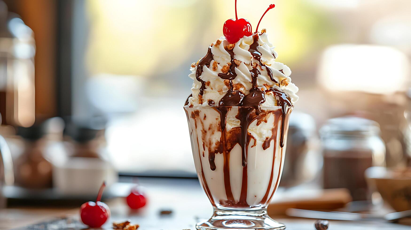 Delicious Ice Cream Sundae with Chocolate Sauce and Cherries. A close up image of a decadent dessert. photo