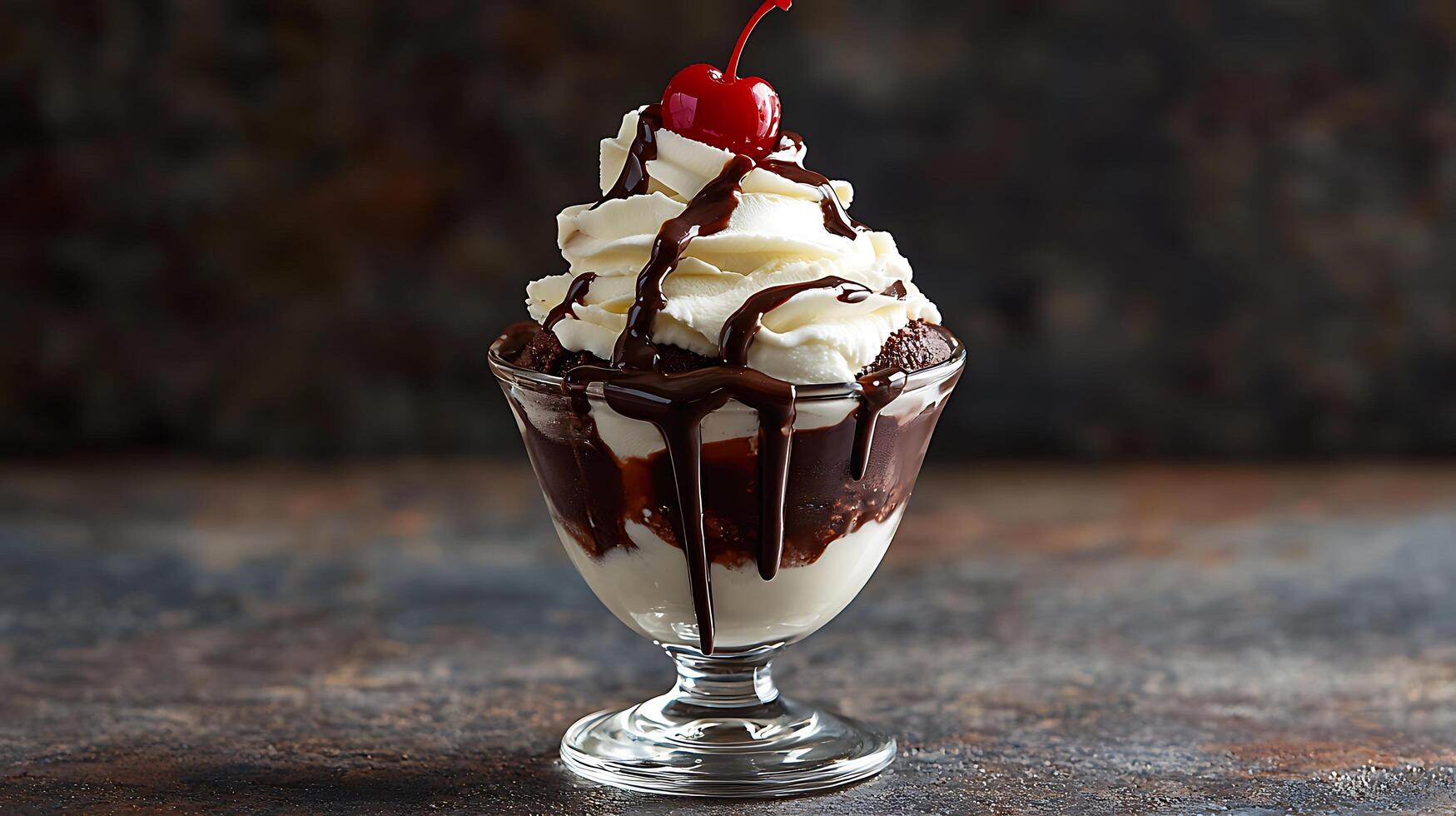 Decadent Chocolate Brownie Sundae with Whipped Cream and Cherry Garnish. A close up image of a delicious dessert. photo