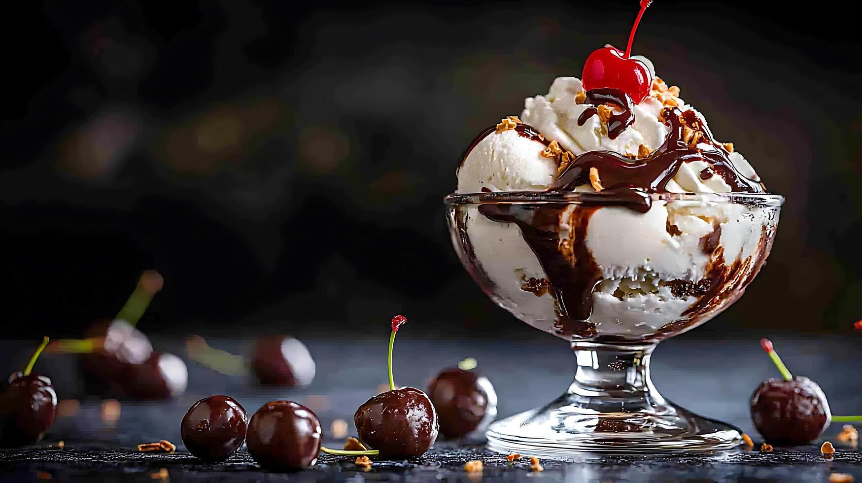 Decadent Chocolate Sundae with Cherries Close up of Creamy Ice Cream Dessert. photo
