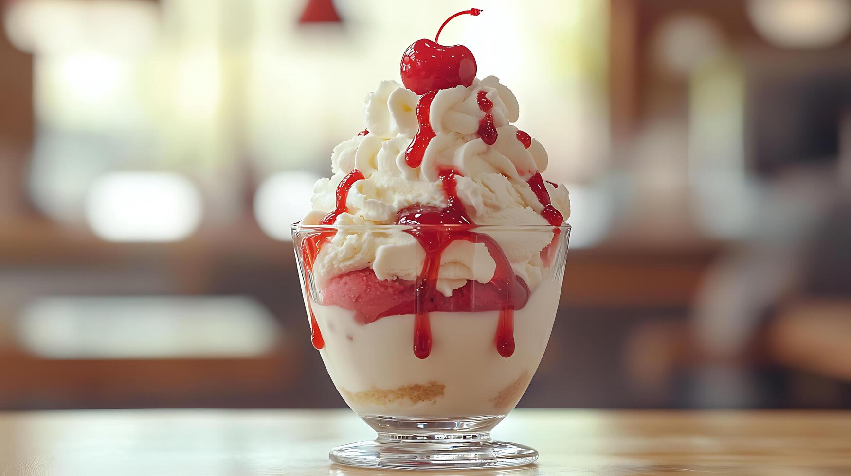 Delicious Cherry Sundae in a Glass Dessert Dish. A close up image of a classic ice cream sundae with whipped cream, cherry and strawberry sauce. photo