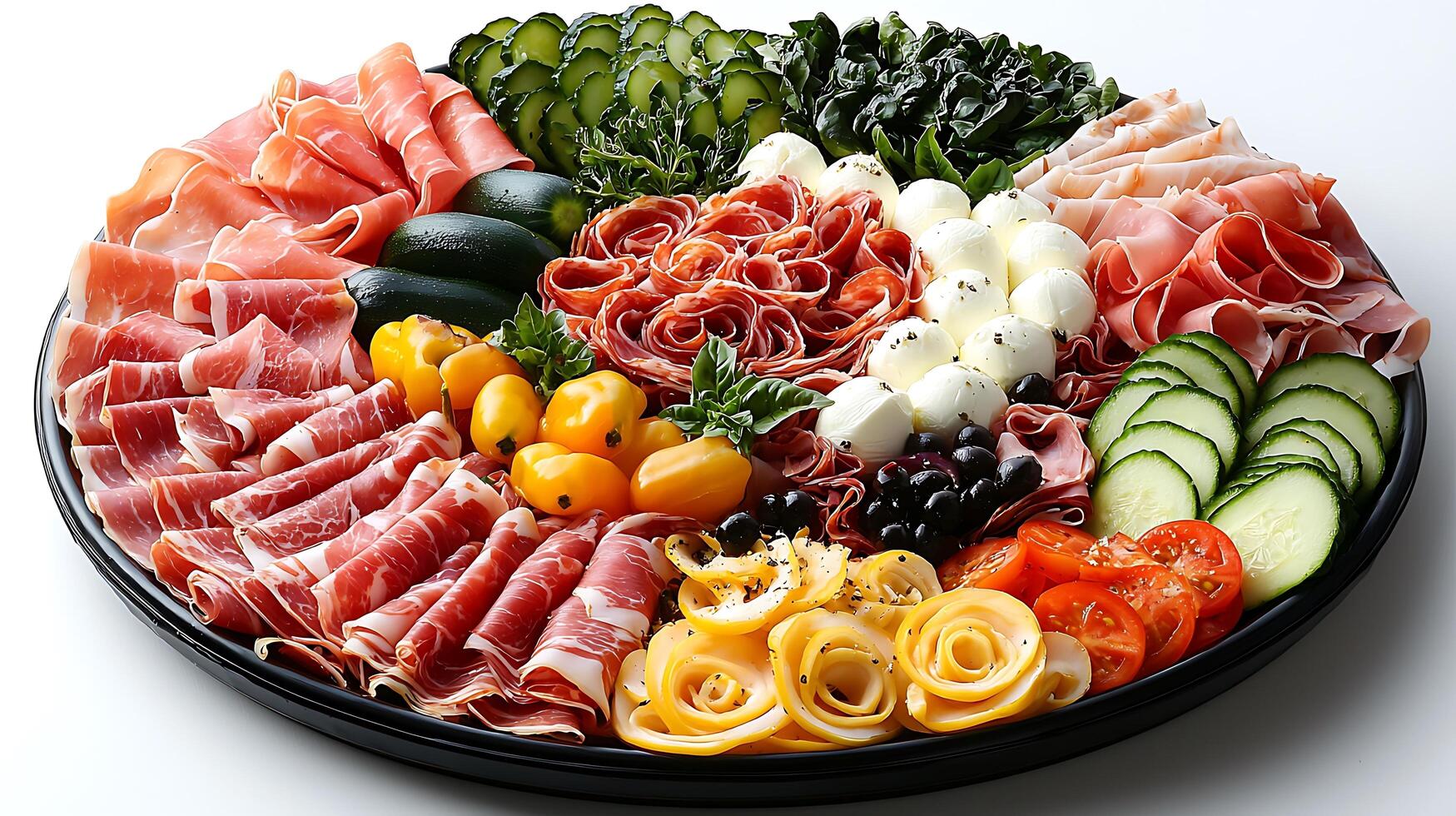 Delicious Italian Antipasto Platter with Prosciutto, Salami, Mozzarella, and Fresh Vegetables. photo