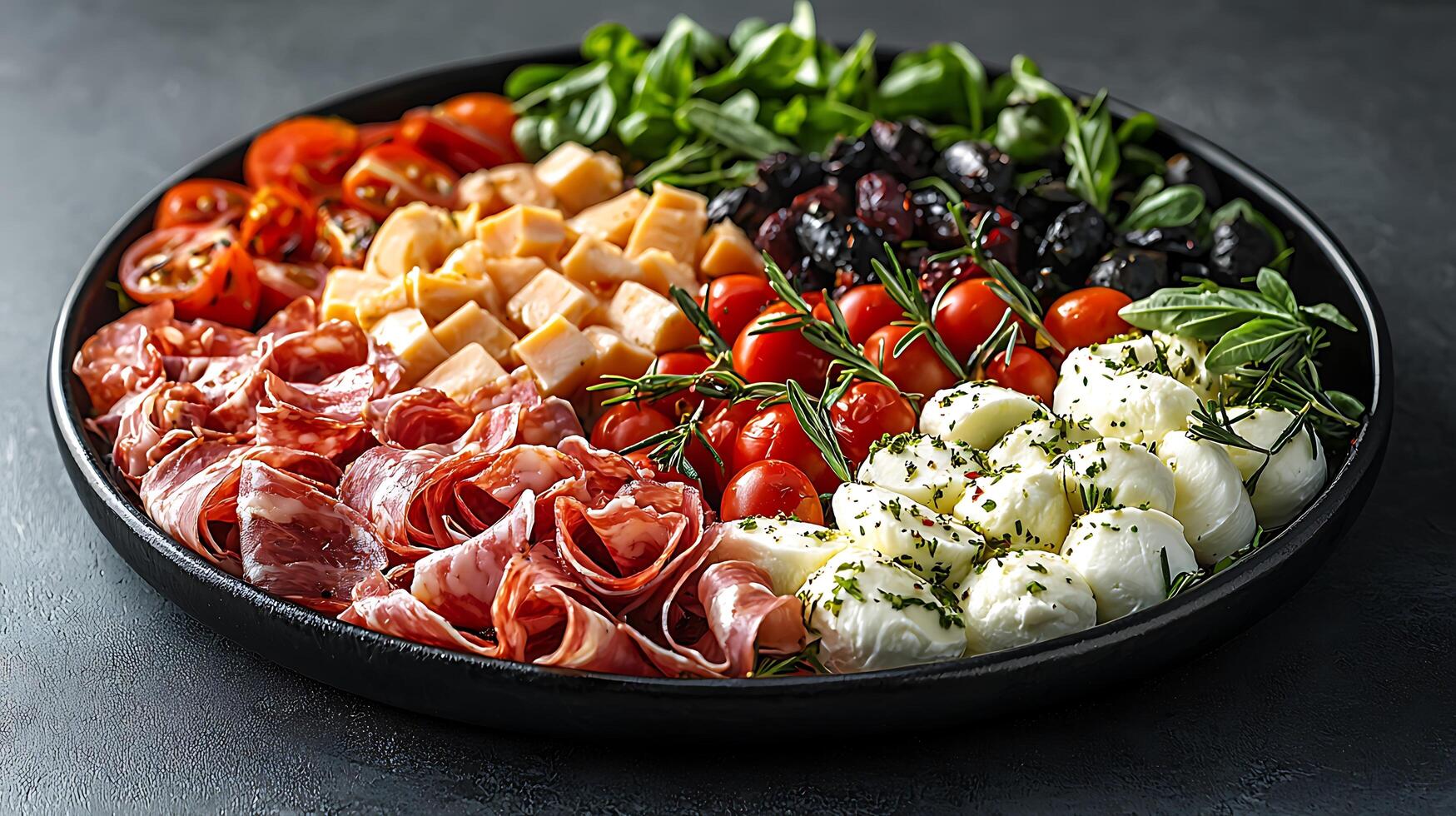 Delicious Italian Antipasto Platter with Salami, Cheese, and Cherry Tomatoes. photo