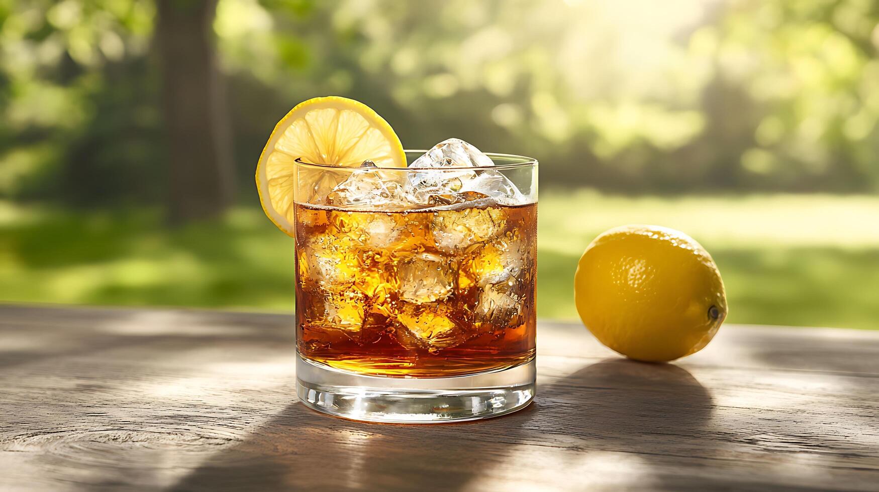 Iced Tea with Lemon on Wooden Table in Sunny Garden. Refreshing Summer Drink Photography. photo