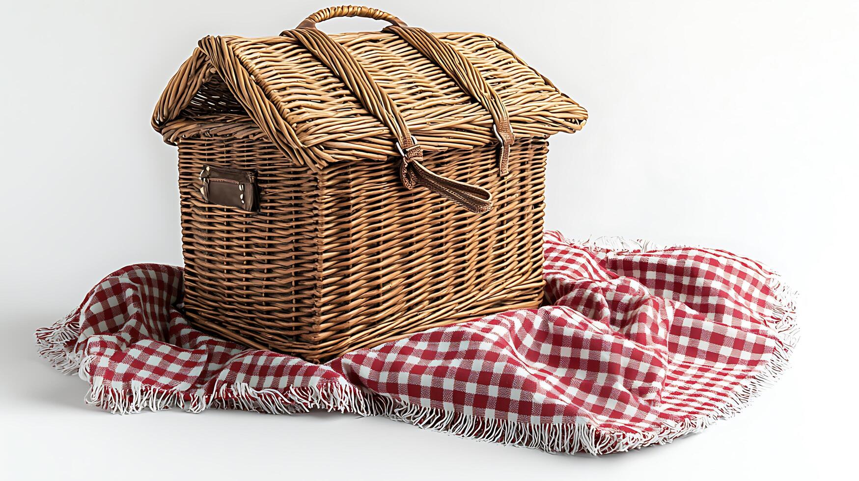 A Rustic Wicker Picnic Basket on a Red and White Gingham Blanket. photo