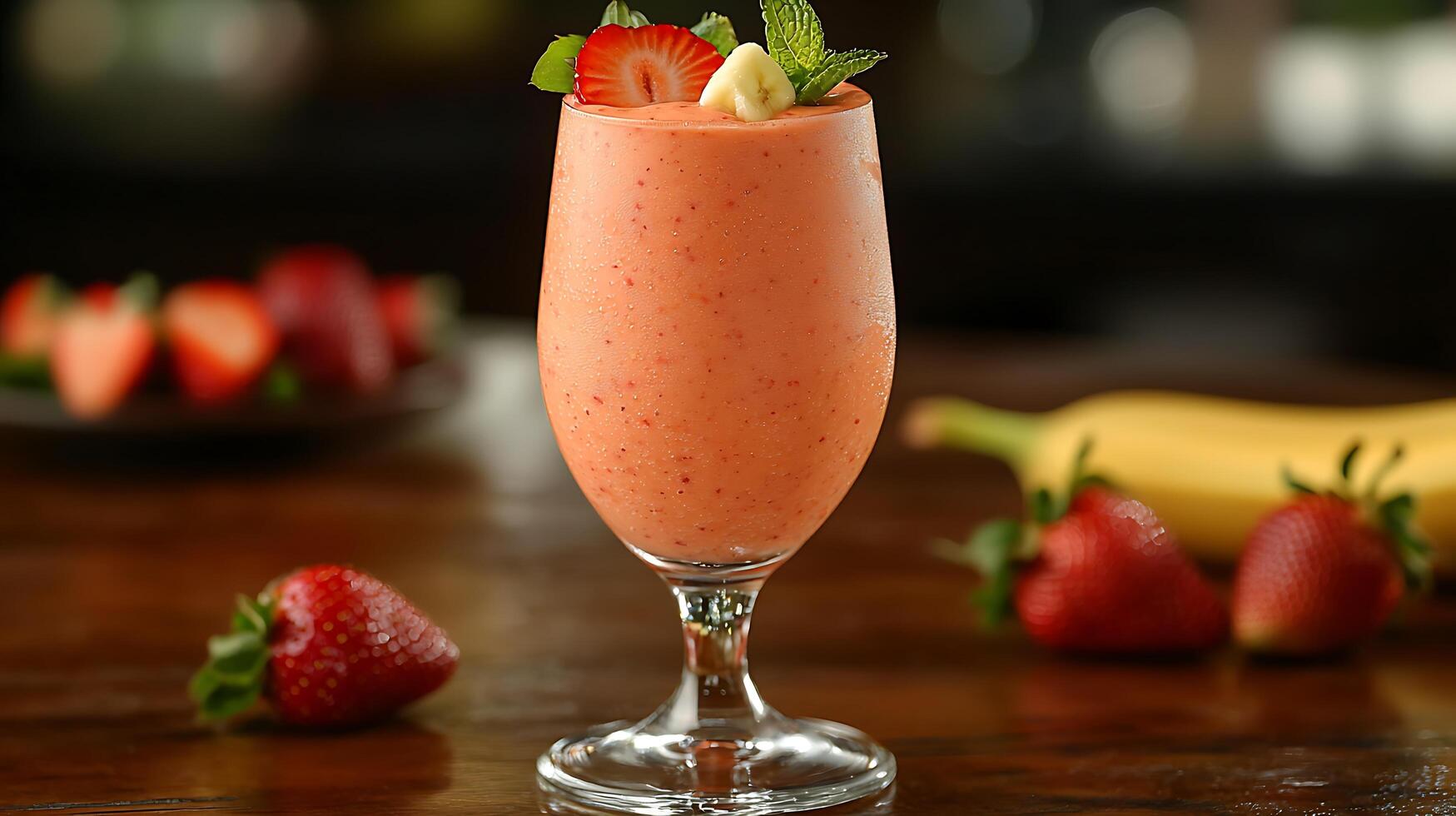 Refreshing Strawberry Banana Smoothie in a Glass, Close Up. photo