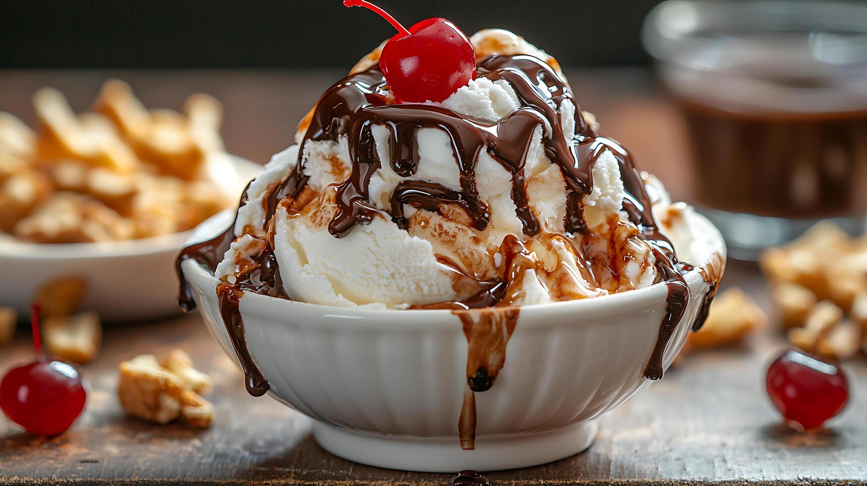 Close Up of a Delicious Sundae with Melted Chocolate and Cherries. photo