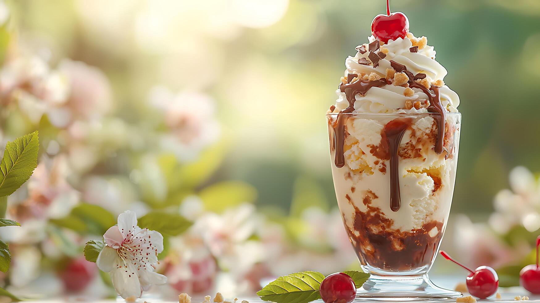 Delicious Sundae with Chocolate Sauce and Cherries, Springtime Dessert. photo