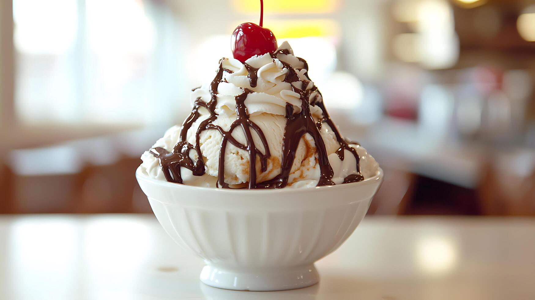 Delicious Ice Cream Sundae with Chocolate Sauce and Cherry. A tempting close up of a creamy ice cream dessert. photo