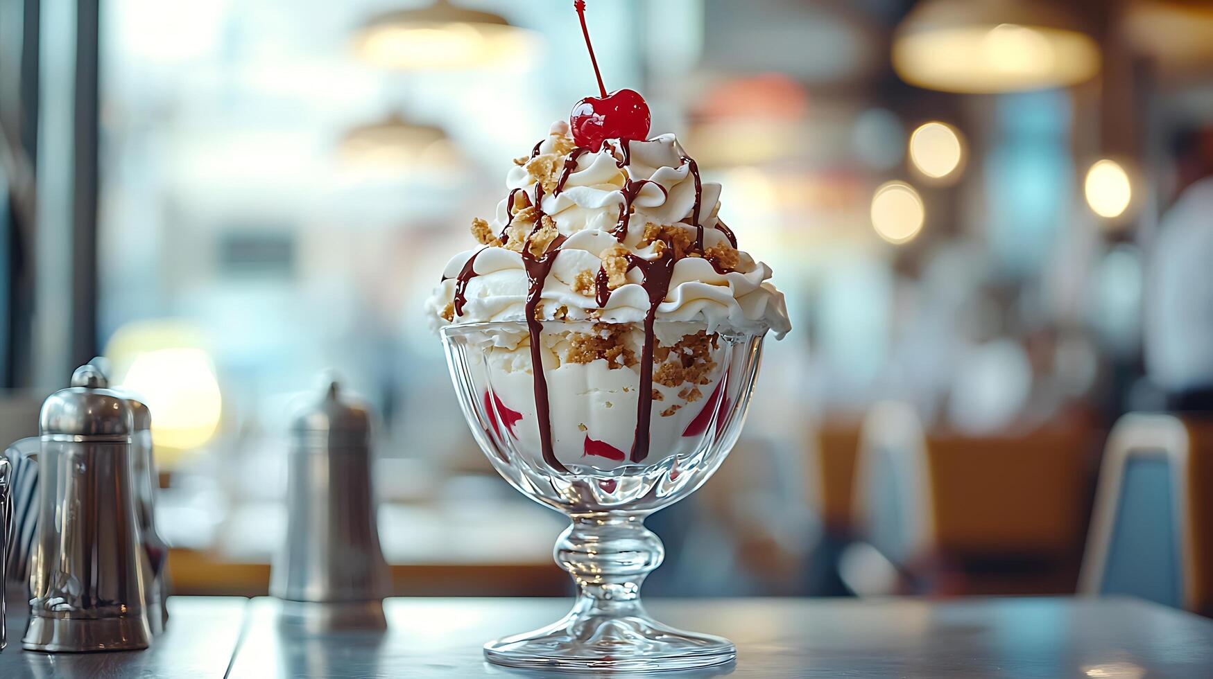 Delicious Ice Cream Sundae with Whipped Cream, Chocolate Sauce, and Cherry. A tempting dessert in a glass dish, perfect for a restaurant menu or food blog. photo