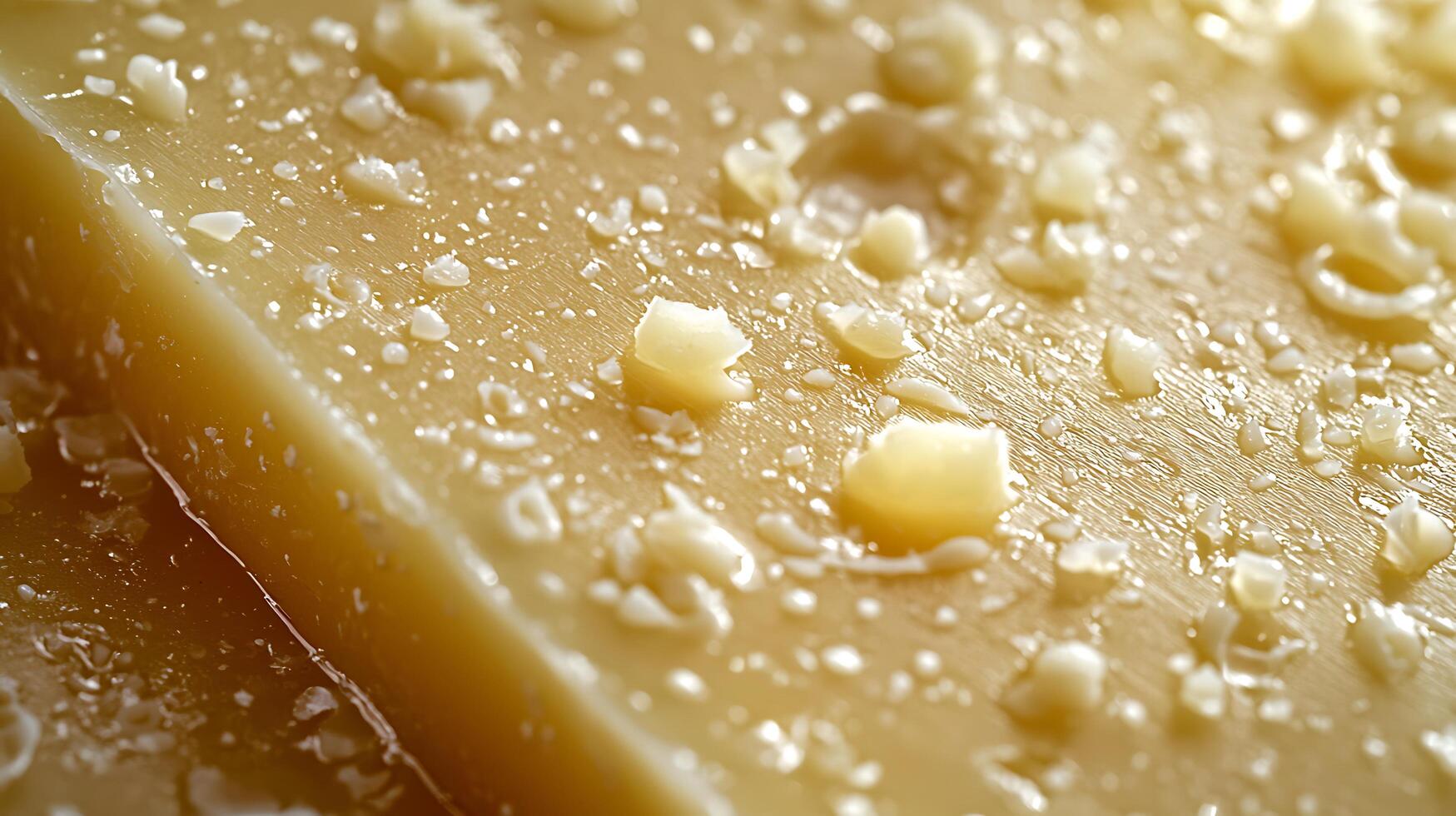 Close up of Cheese Texture Creamy, Golden Block with Scattered Curds. photo