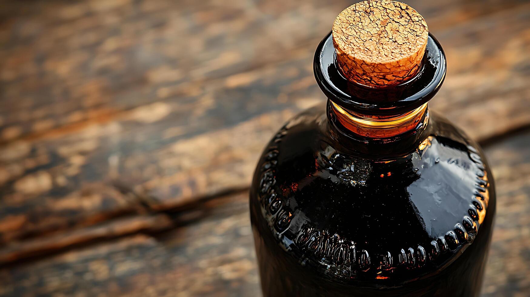 Close up of an antique dark glass bottle with a cork stopper on a rustic wooden surface. photo