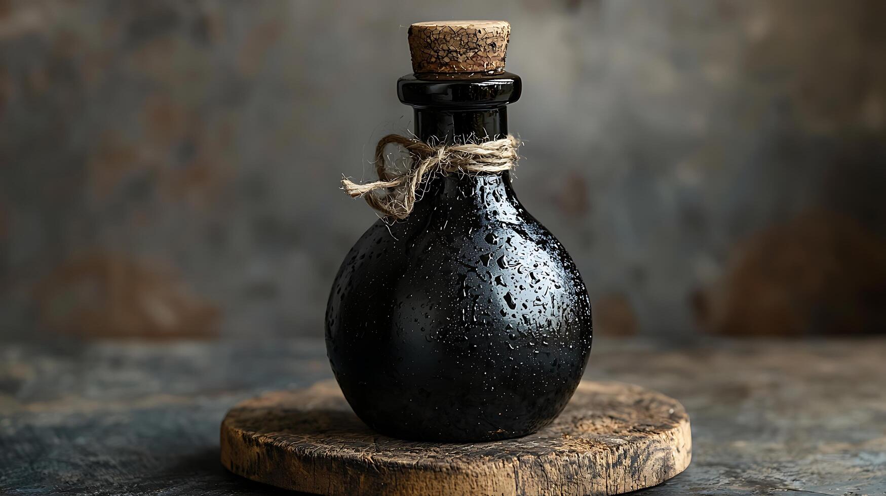 Dark Glass Bottle with Cork Stopper on Rustic Wooden Surface. A close up image of an antique-looking bottle with water droplets. photo