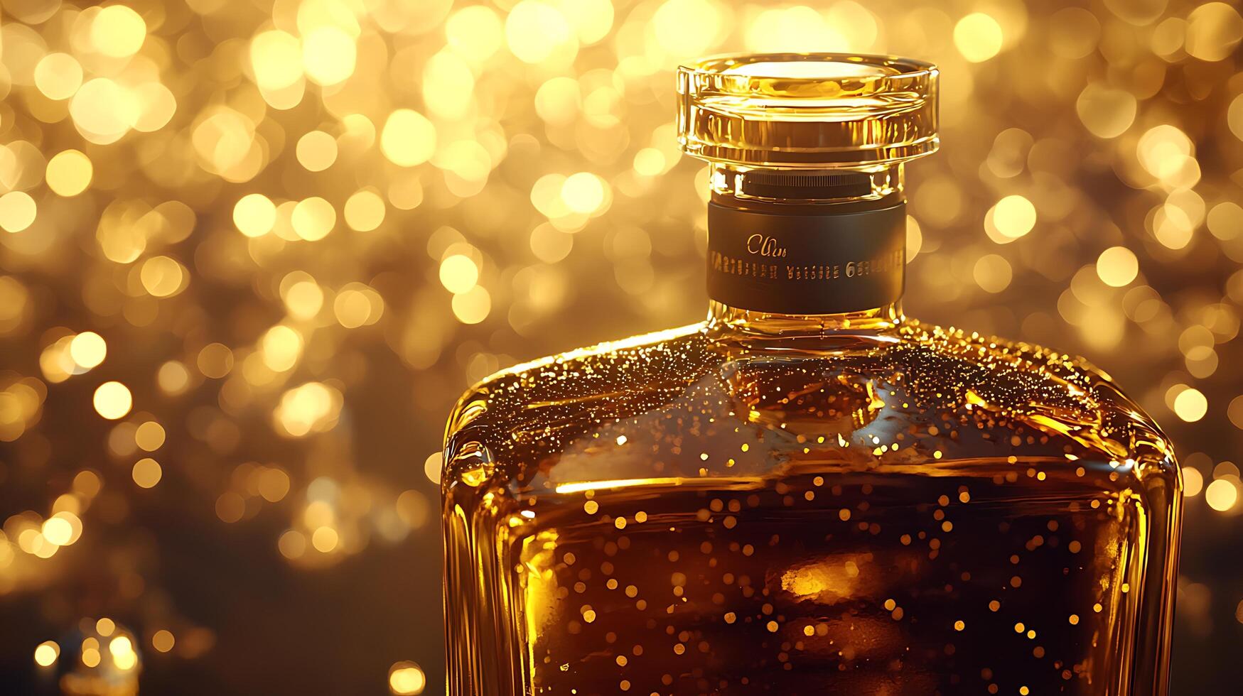 Close up of a luxury amber liquor bottle against a golden bokeh background. The elegant decanter reflects warm light, showcasing its premium quality. photo