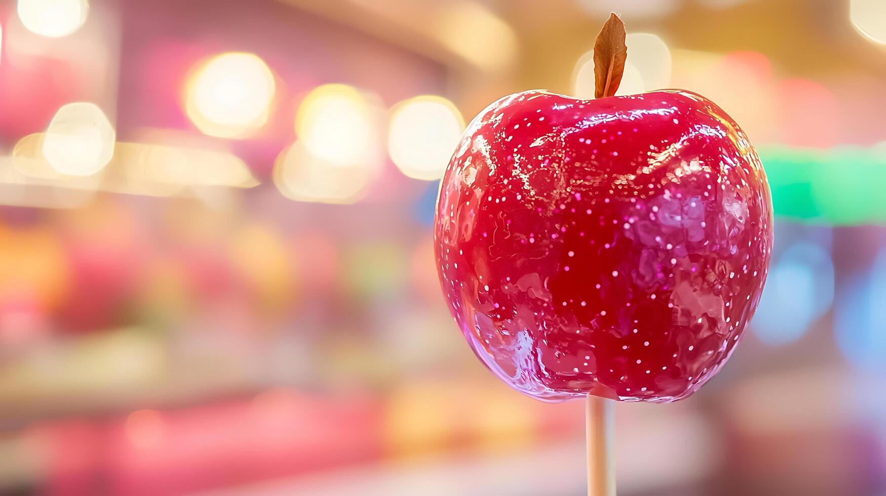 Close Up of a Shiny Red Candy Apple on a Stick Against a Blurred Background. photo