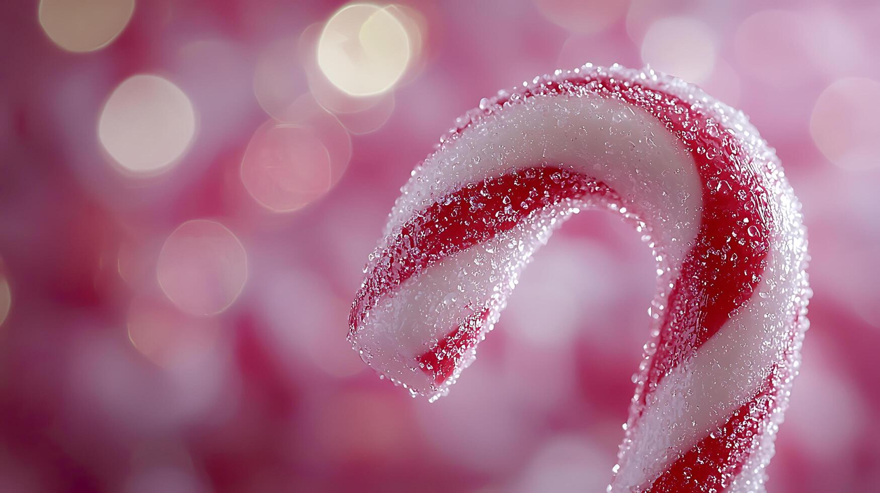 Close up of a Candy Cane with Pink Bokeh Background. A detailed image of a candy cane covered in sparkling sugar crystals against a soft pink backdrop. photo