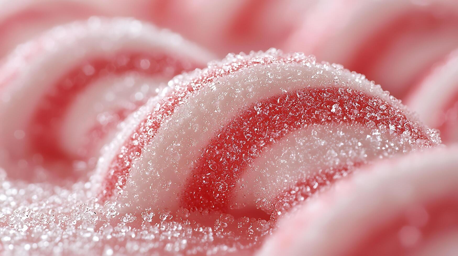 Close Up of Red and White Sugar Coated Candies. A detailed macro photograph showcasing the texture and glistening sugar crystals. photo