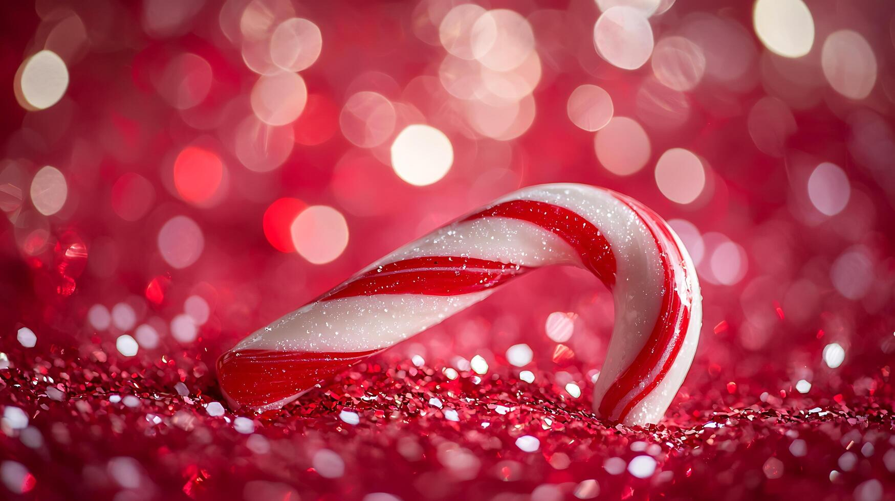 Close up of a Candy Cane Resting on Red Glitter, Festive Holiday Background. photo