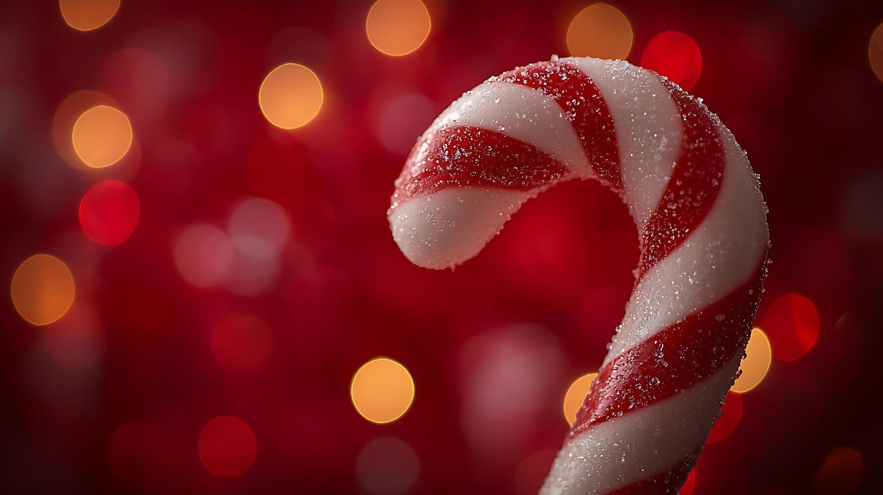 Close up of a Candy Cane with Red and White Stripes Against a Blurred Red and Gold Bokeh Background. photo