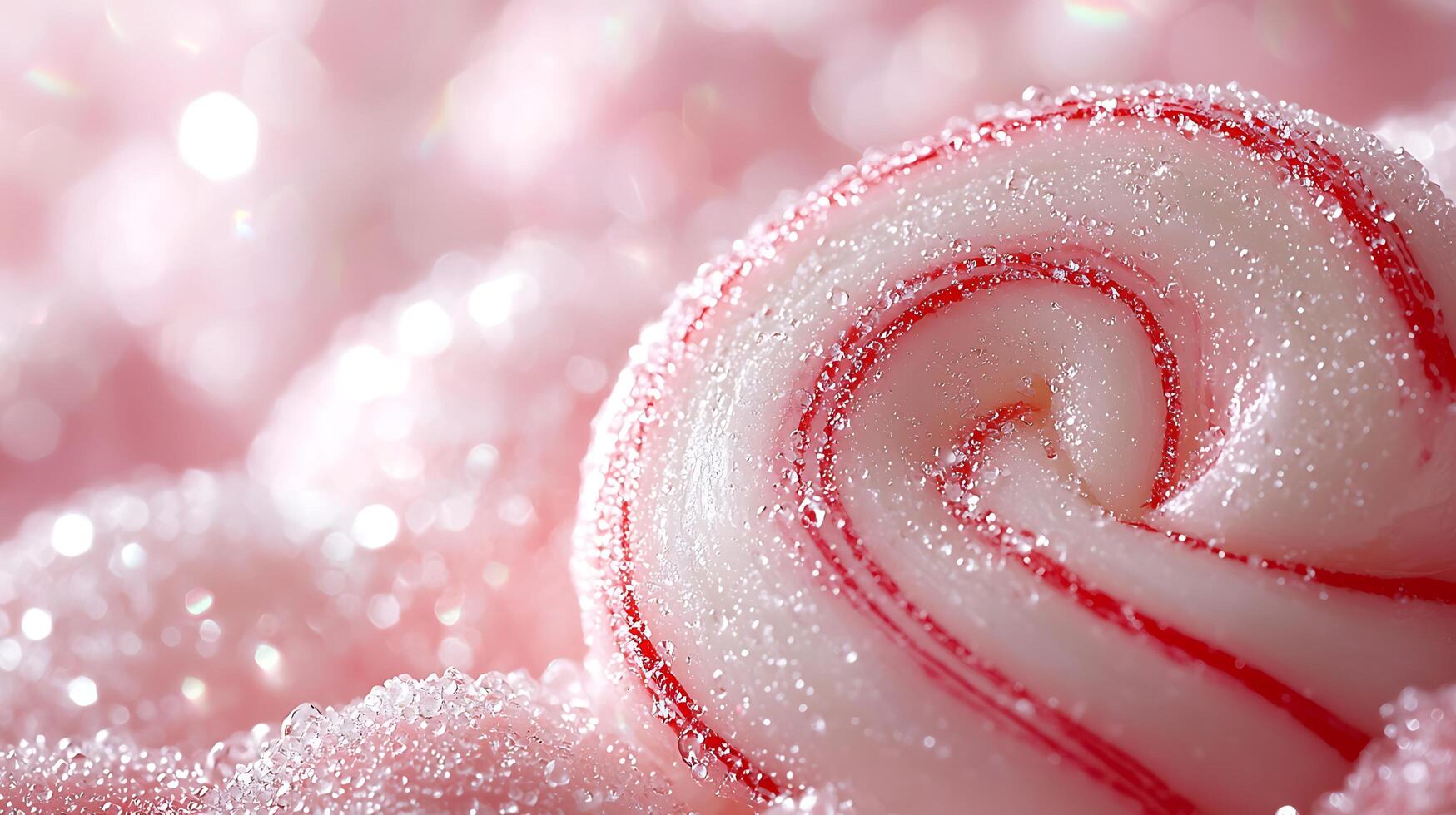 Close Up of a Pink and Red Swirled Candy with Water Droplets. A Detailed Macro Photograph of Sweet Confectionery. photo
