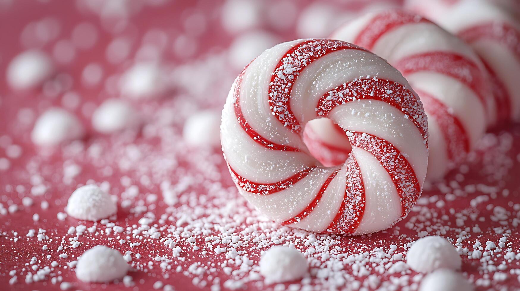 Close Up of Peppermint Candies with Sugar Crystals on Red Background. A delicious image perfect for holiday themes, food blogs, or candy advertisements. photo