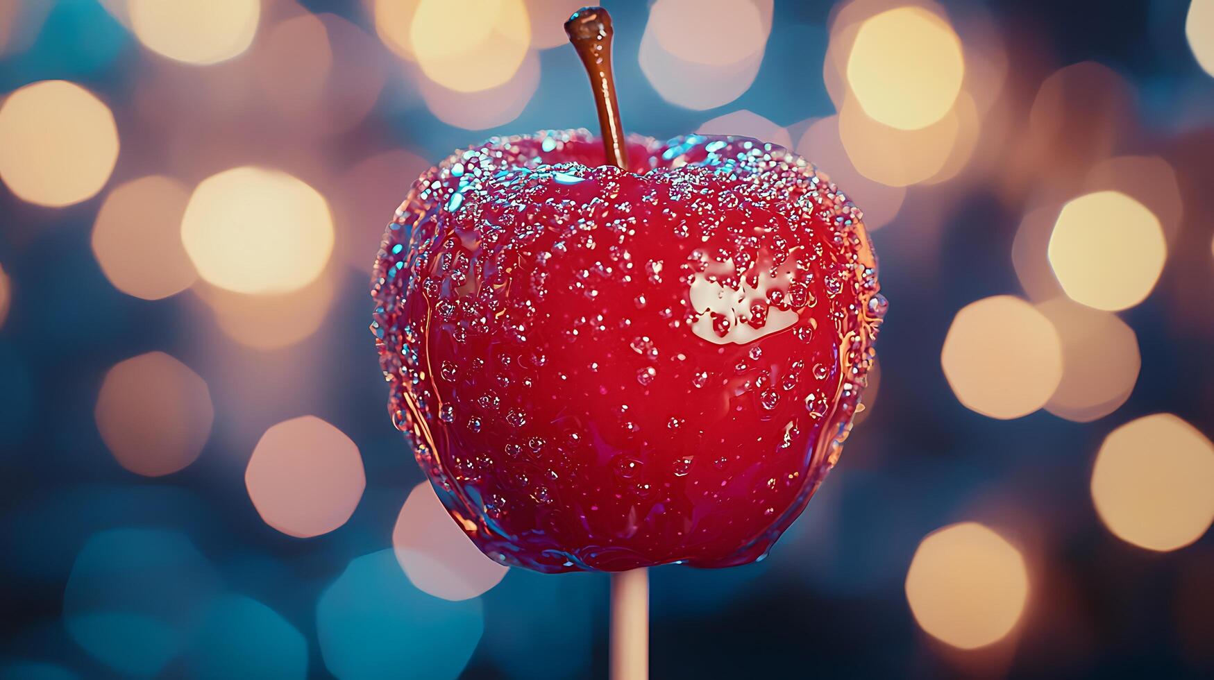 Close up of a Red Candy Apple on a Stick with Bokeh Background. photo