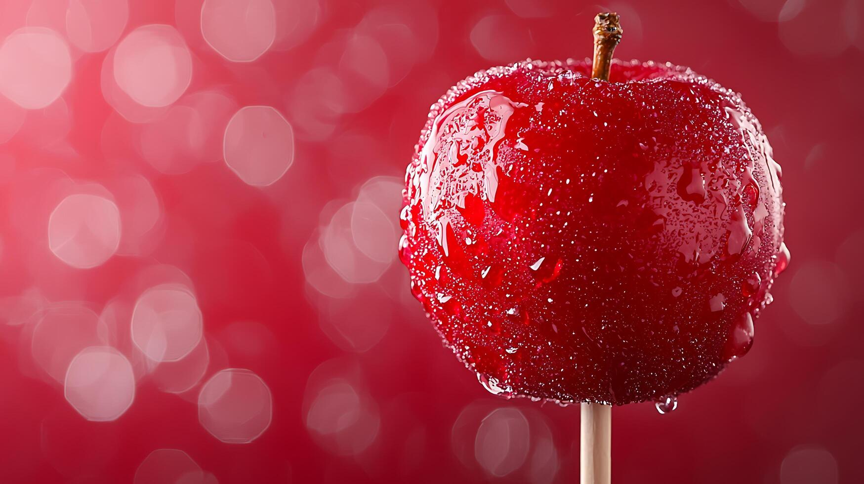 Close up of a Red Candy Apple on a Stick with Water Droplets, Red Background. photo
