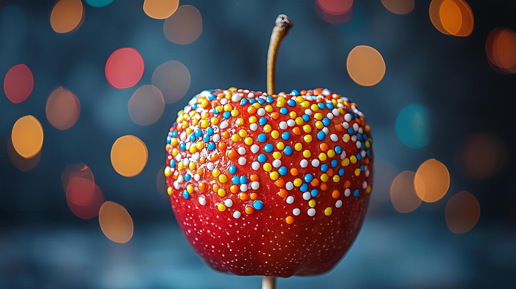 Candy Coated Apple with Colorful Sprinkles Against a Festive Bokeh Background. photo