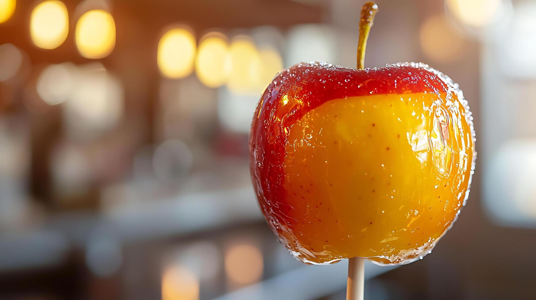 Close up of a Candy Apple on a Stick, Glowing Warm Lights in Background. photo
