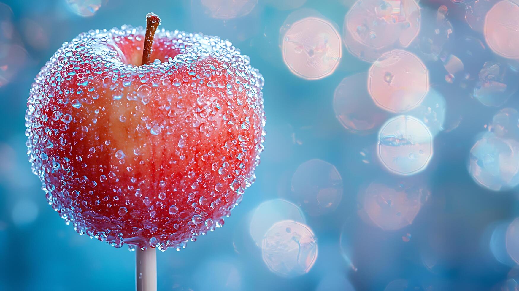 Candy Apple on a Stick Close up of a Red Apple Covered in Sparkling Water Droplets. photo