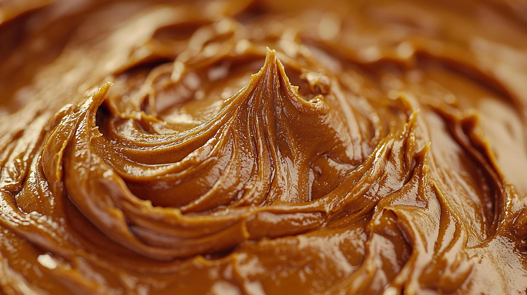 Close Up of Creamy, Swirled Caramel Sauce Texture. A Detailed Image of Rich Brown Caramel. photo