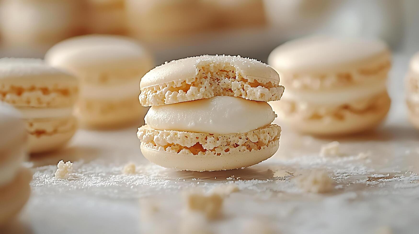 Close Up of Delicious Vanilla Macarons with Cream Filling, Partially Eaten. photo