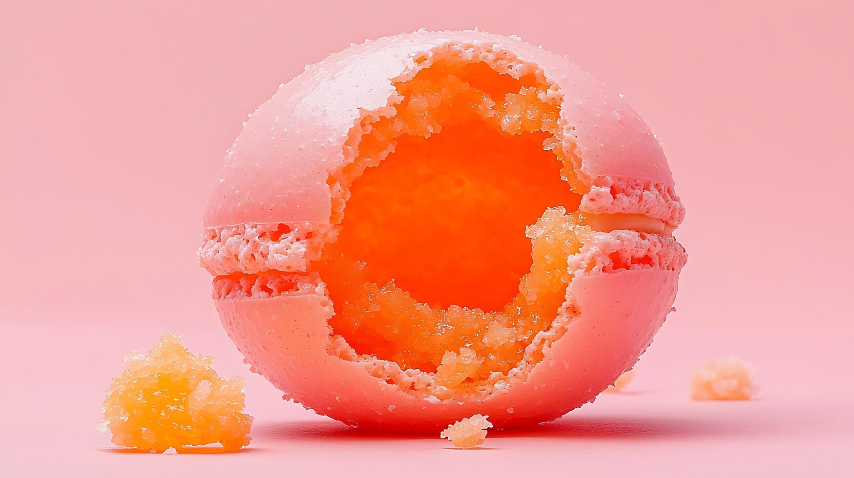 A Broken Pink Macaron Revealing a Textured Orange Filling on a Pink Background. photo