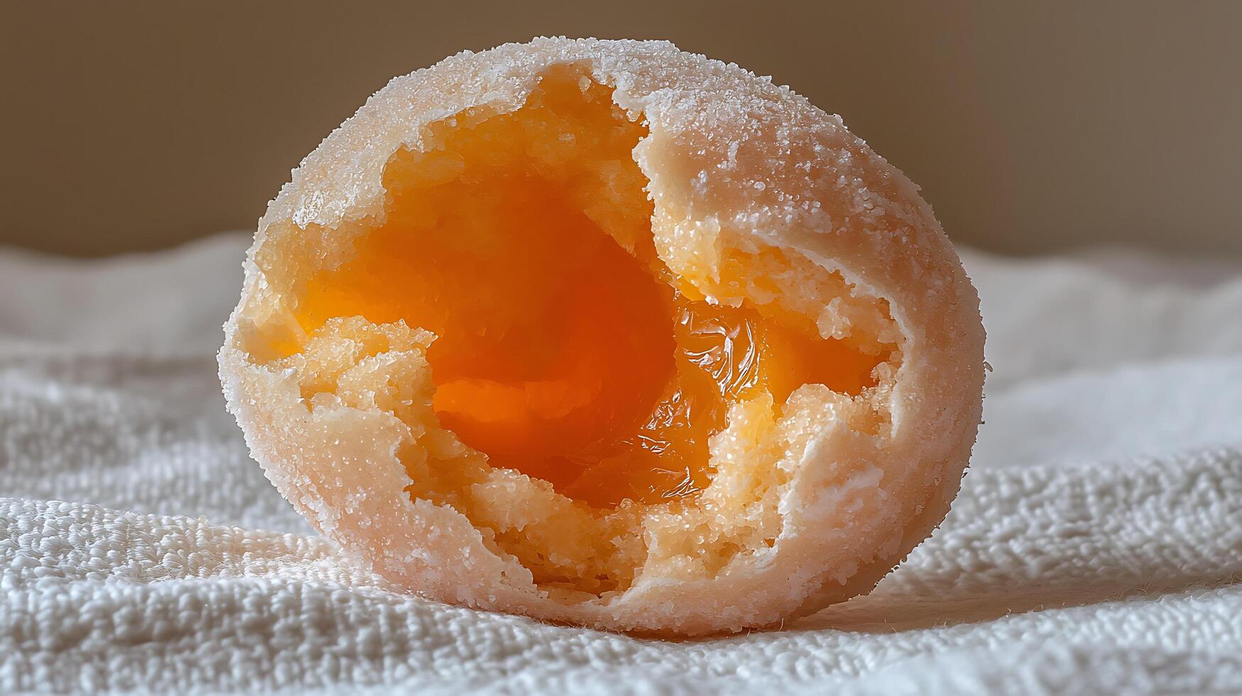 Close up of a Sweet Treat A Partially Broken Orange Filled Dough Ball Coated in Sugar. photo