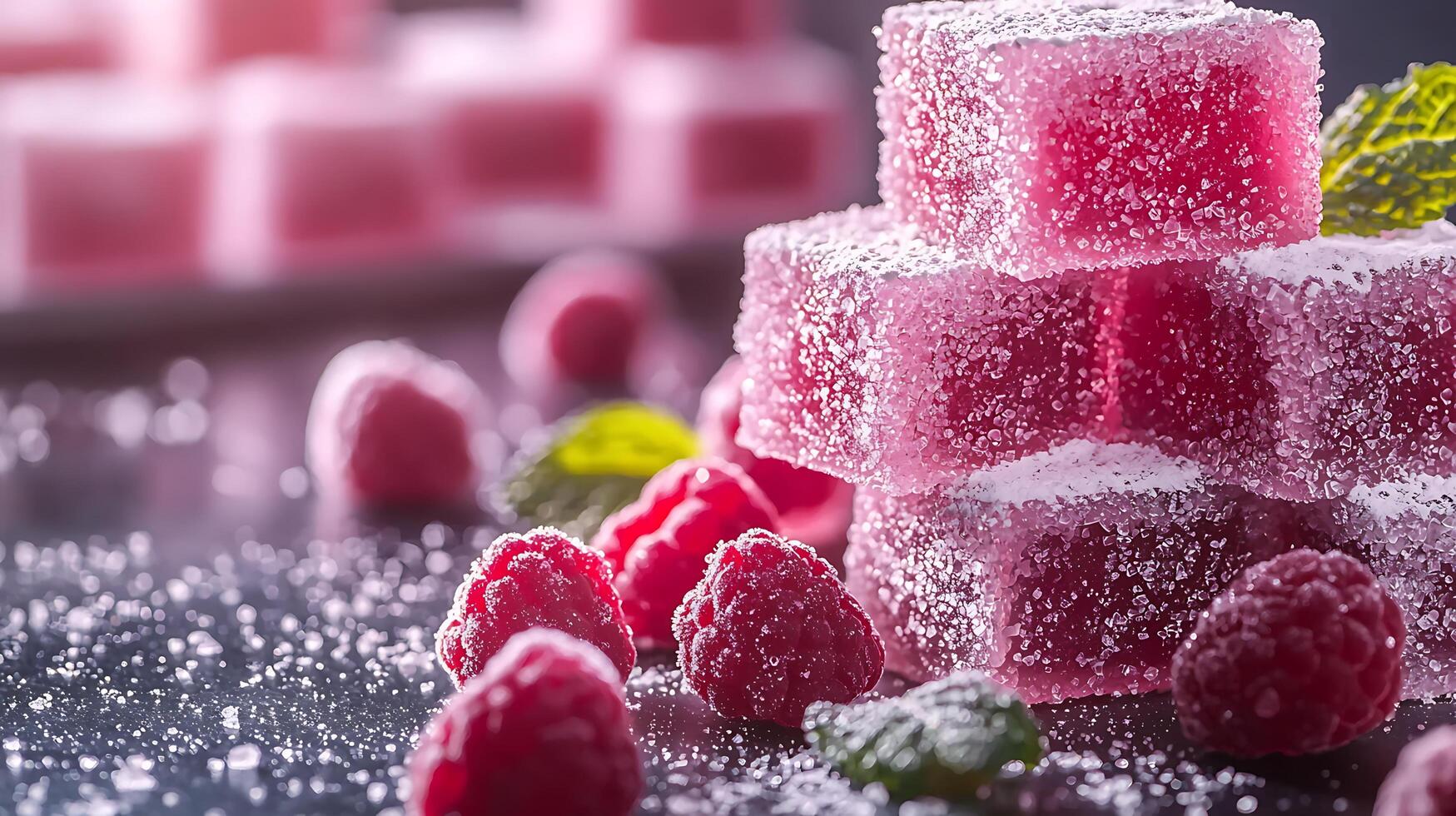Close Up of Sugared Raspberry Jellies and Fresh Raspberries. photo