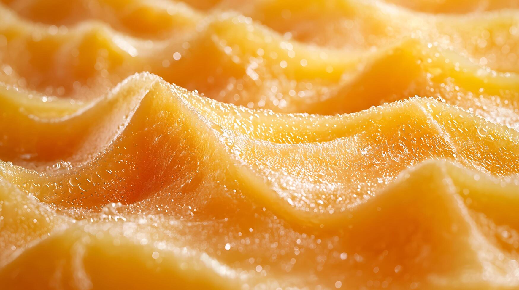 Close Up of a Textured, Golden Yellow Substance with Water Droplets. A Detailed Macro Photograph of a Viscous, Wavy Surface. photo