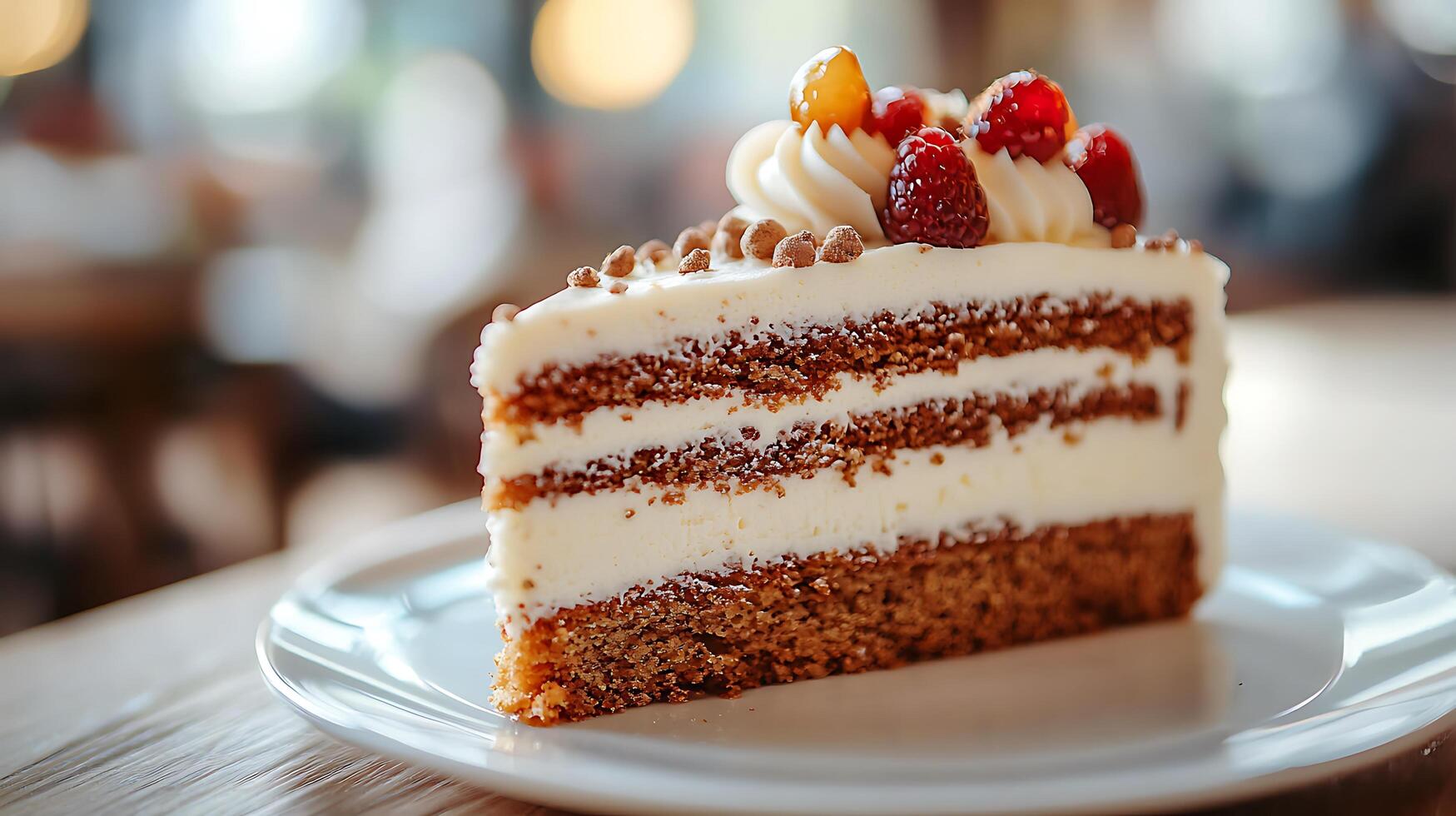 Delicious Layered Cake with Raspberries and Cream Close Up. A tempting dessert photo perfect for food blogs, restaurant menus, or bakery websites.