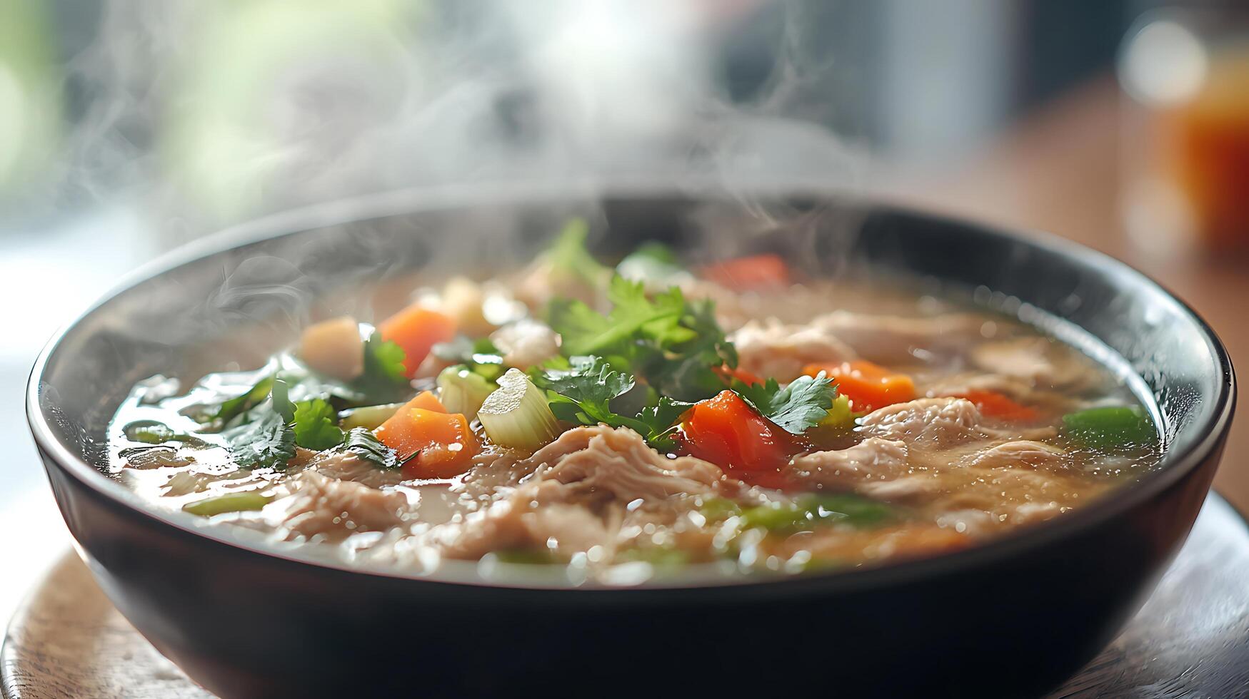 Steaming Hot Chicken Soup in a Bowl, Close Up Food Photography. photo