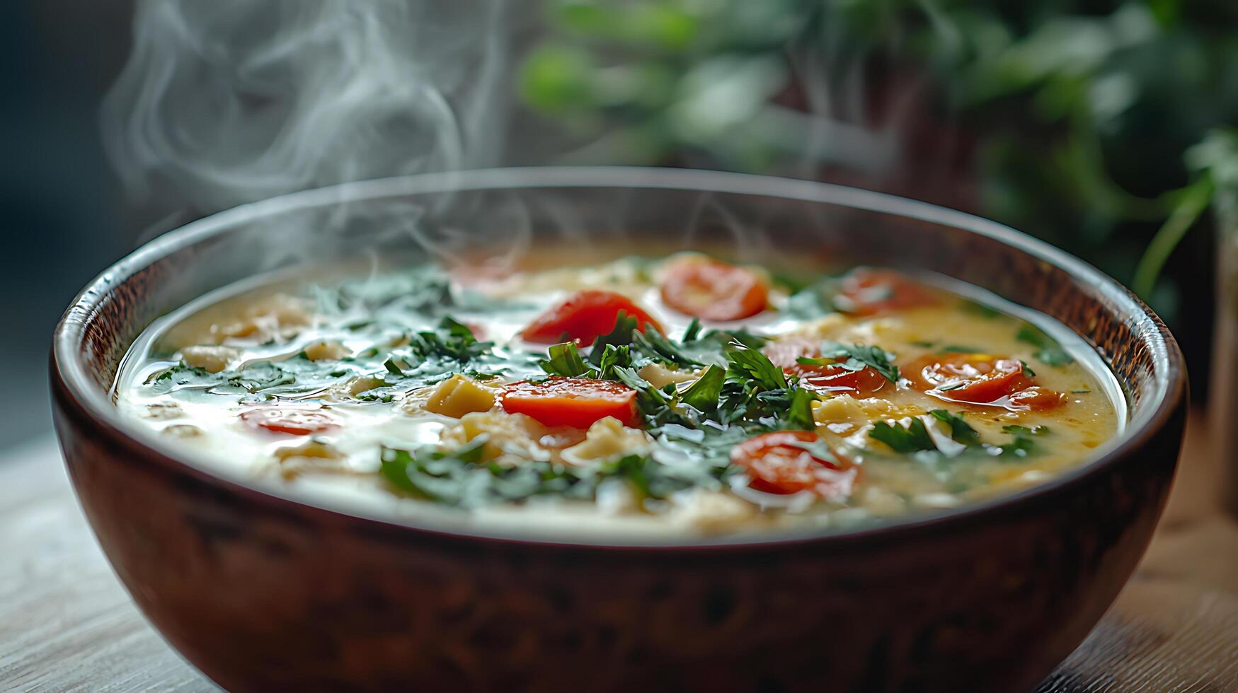 Close Up of a Steaming Bowl of Creamy Tomato Soup with Fresh Herbs. photo