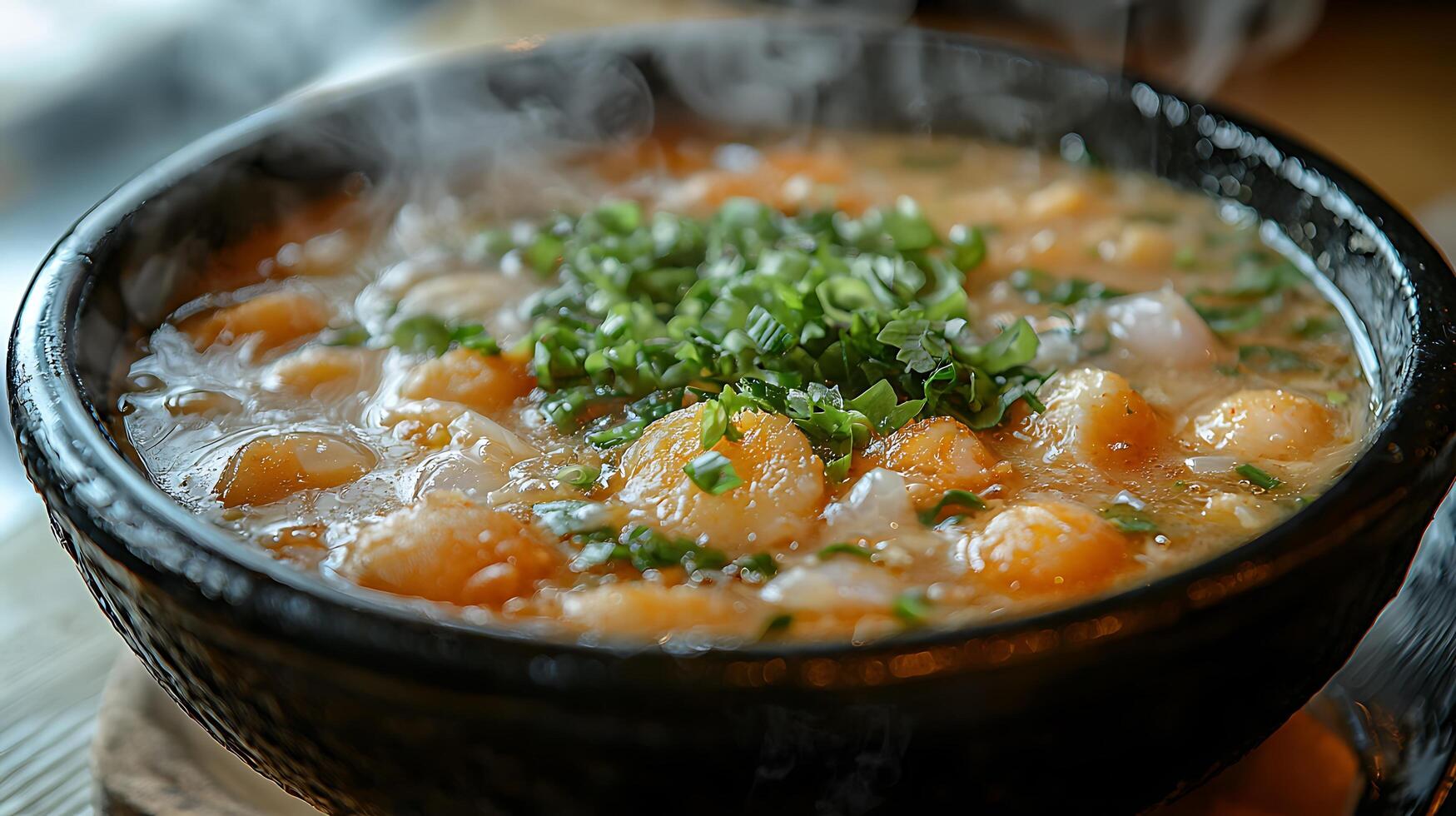 Steaming Hot Seafood Soup in a Dark Bowl, Close Up View. photo