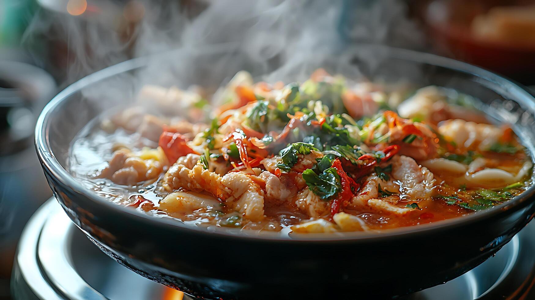 Steaming Hot Spicy Asian Cuisine in a Bowl. A close up image of delicious, flavorful food. photo
