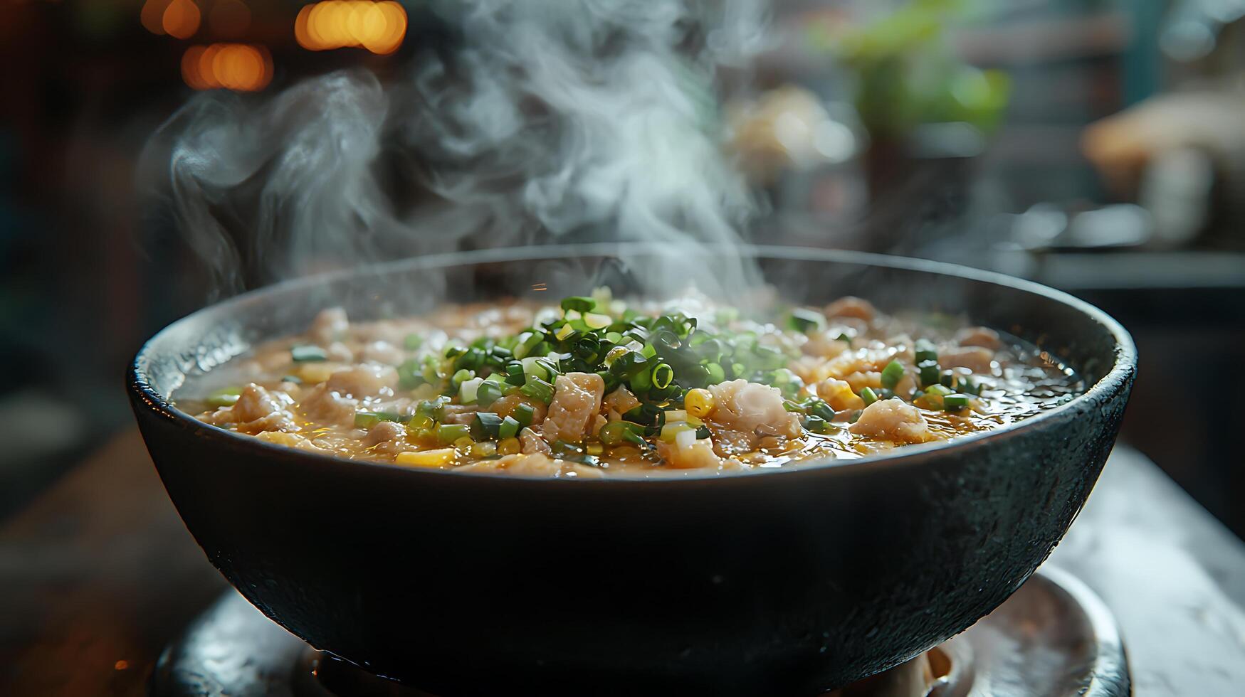 Steaming Hot Bowl of Savory Asian Soup with Fresh Green Onions. photo