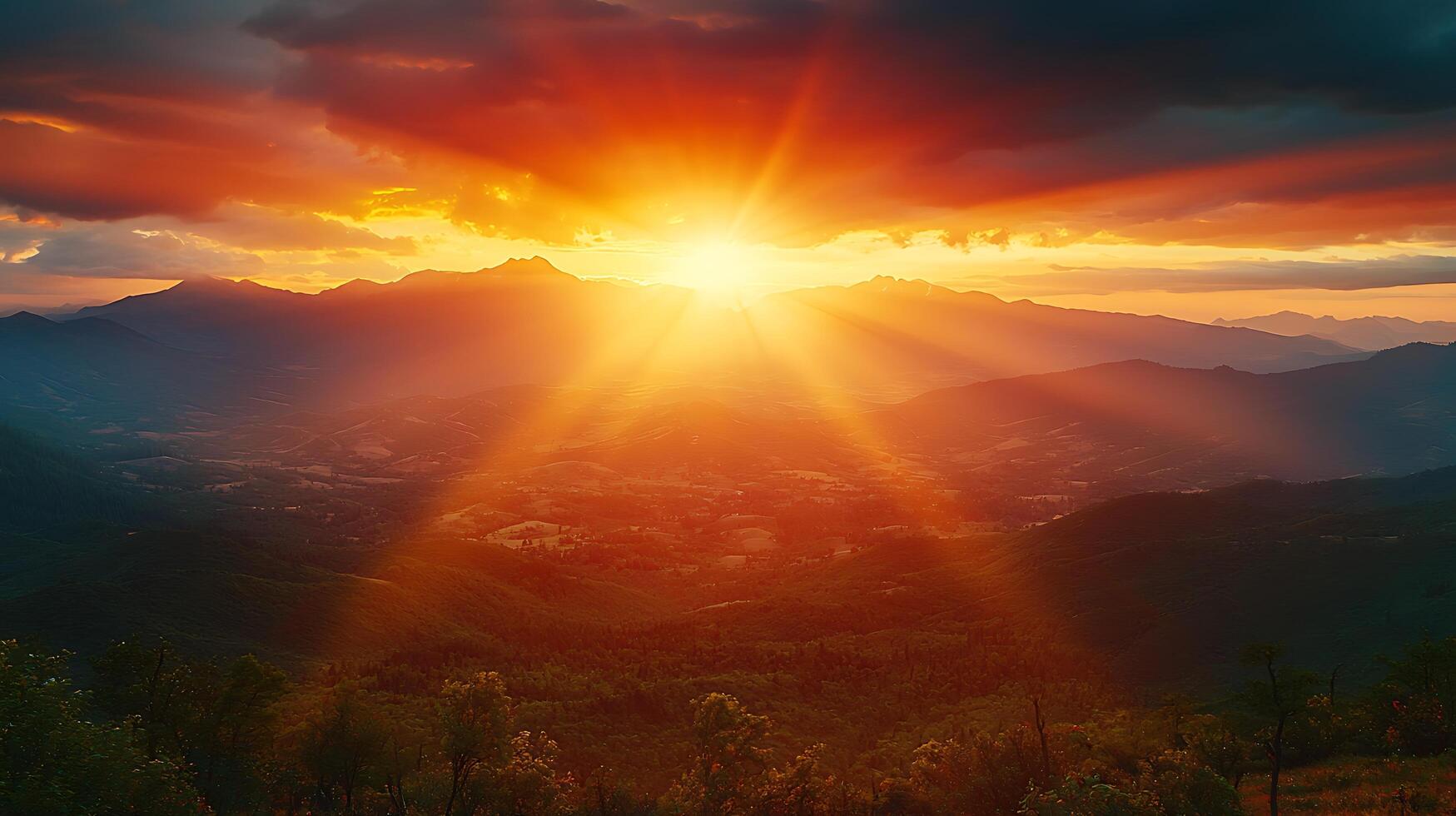 Majestic Mountain Sunset A breathtaking panorama of sun rays illuminating a vast landscape. photo