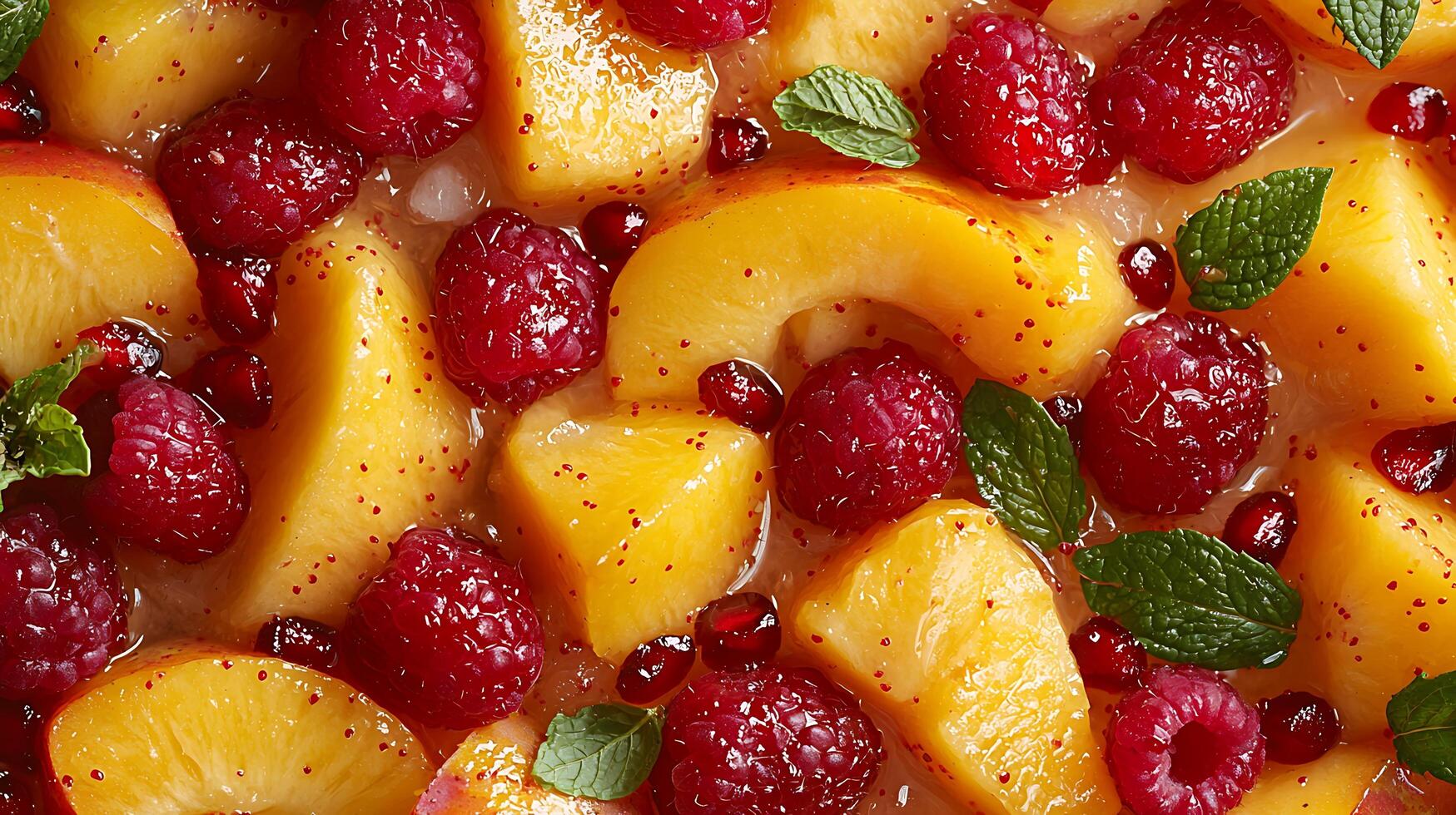 Close Up of Peach, Raspberry, and Pomegranate Salad. A vibrant and delicious summer fruit salad perfect for refreshing recipes and food blogs. photo