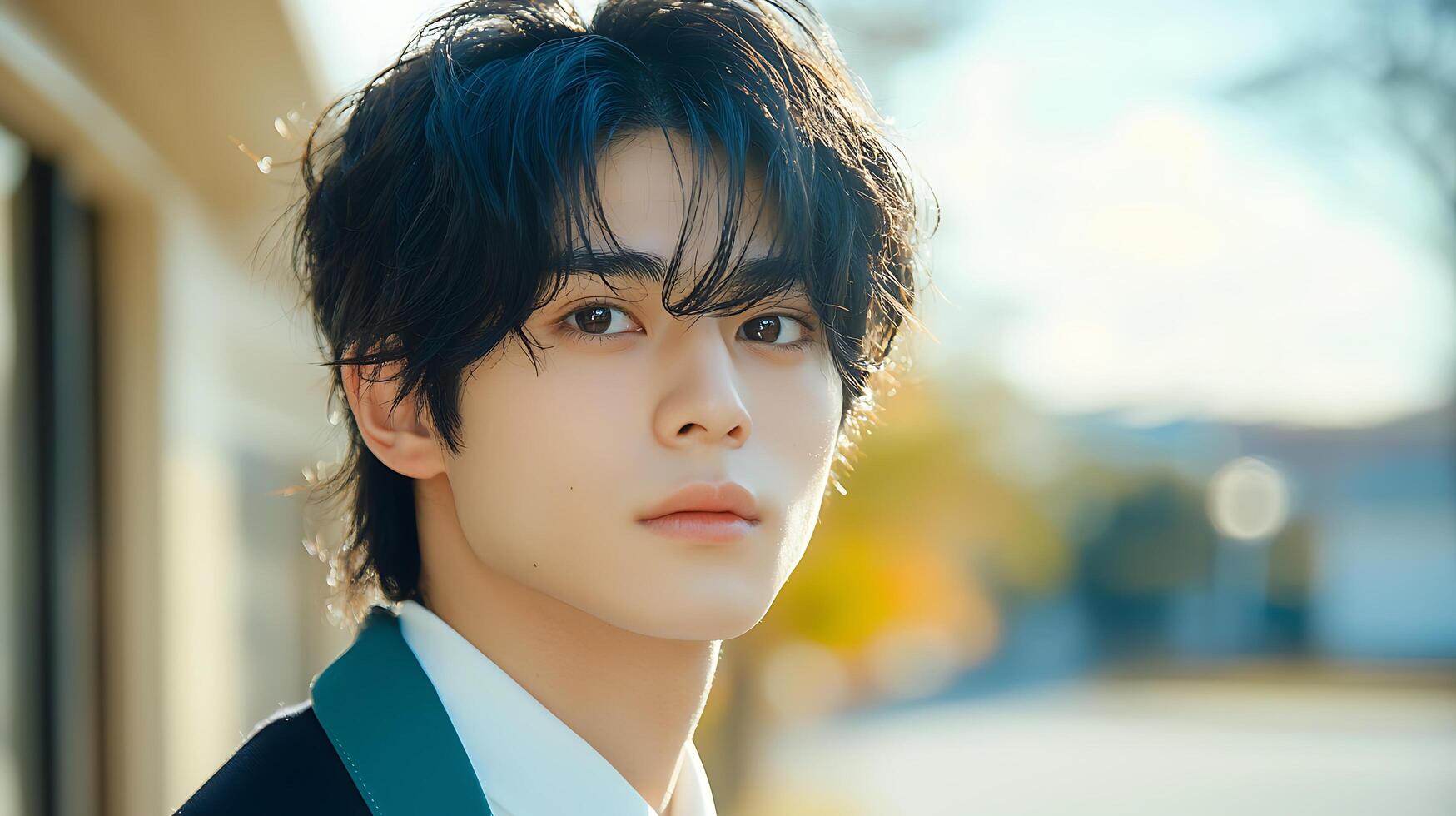 Portrait of a Young Man with Dark Hair, Outdoors in Soft Sunlight. photo
