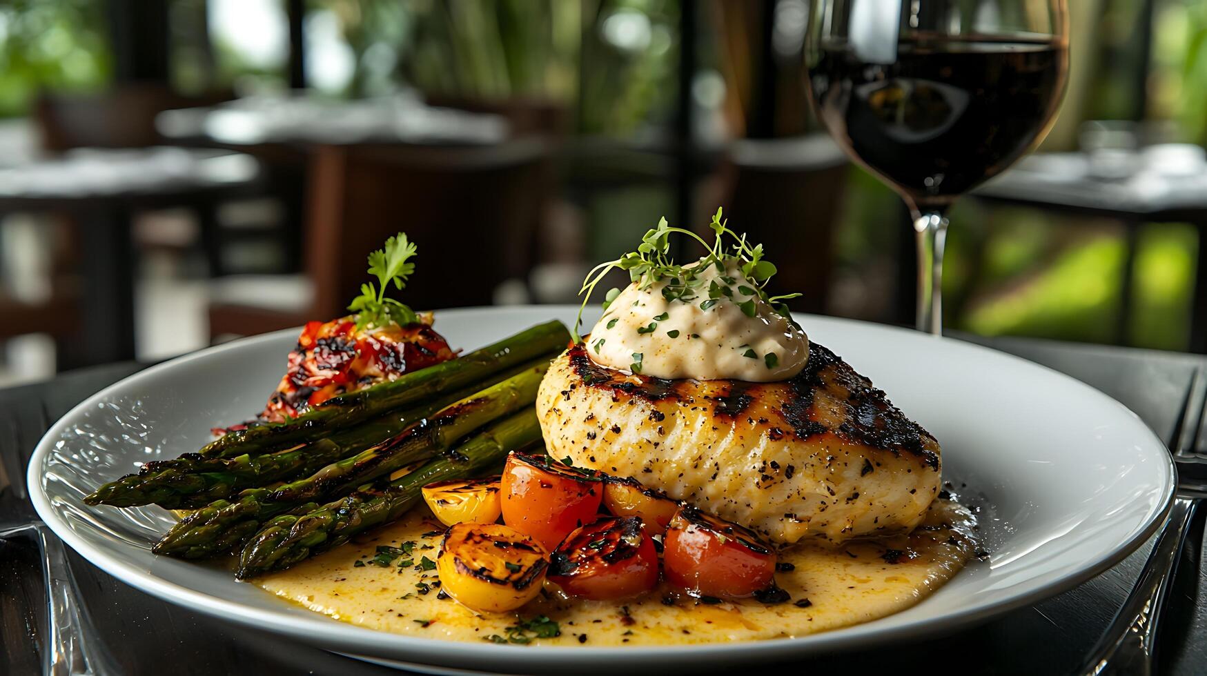 Grilled Fish with Asparagus, Roasted Tomatoes, and Creamy Sauce A Gourmet Restaurant Dish. photo