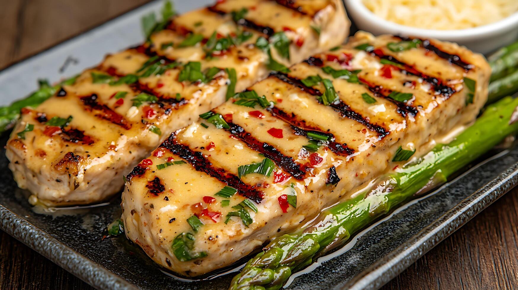 Close Up of Grilled Chicken Breast with Lemon Herb Sauce and Asparagus. A delicious and healthy meal. photo