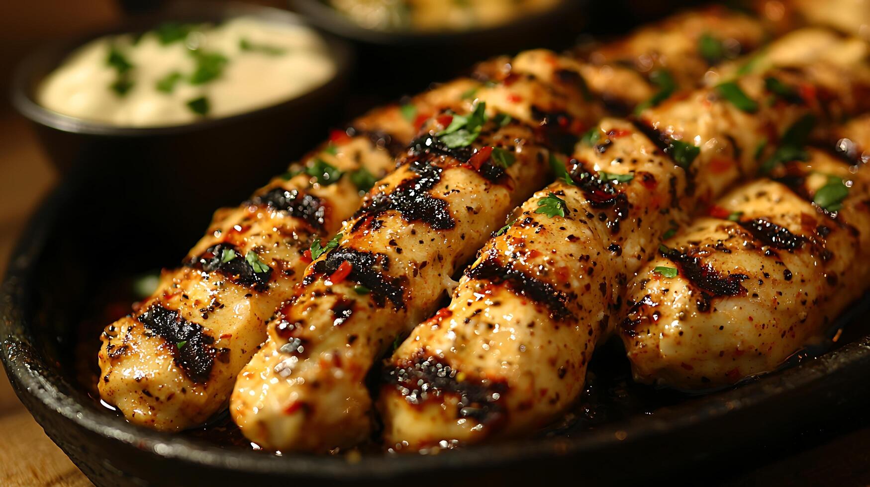 Close Up of Grilled Chicken Skewers with Herbs and Spices. A delicious food photography image perfect for restaurant menus or culinary websites. photo